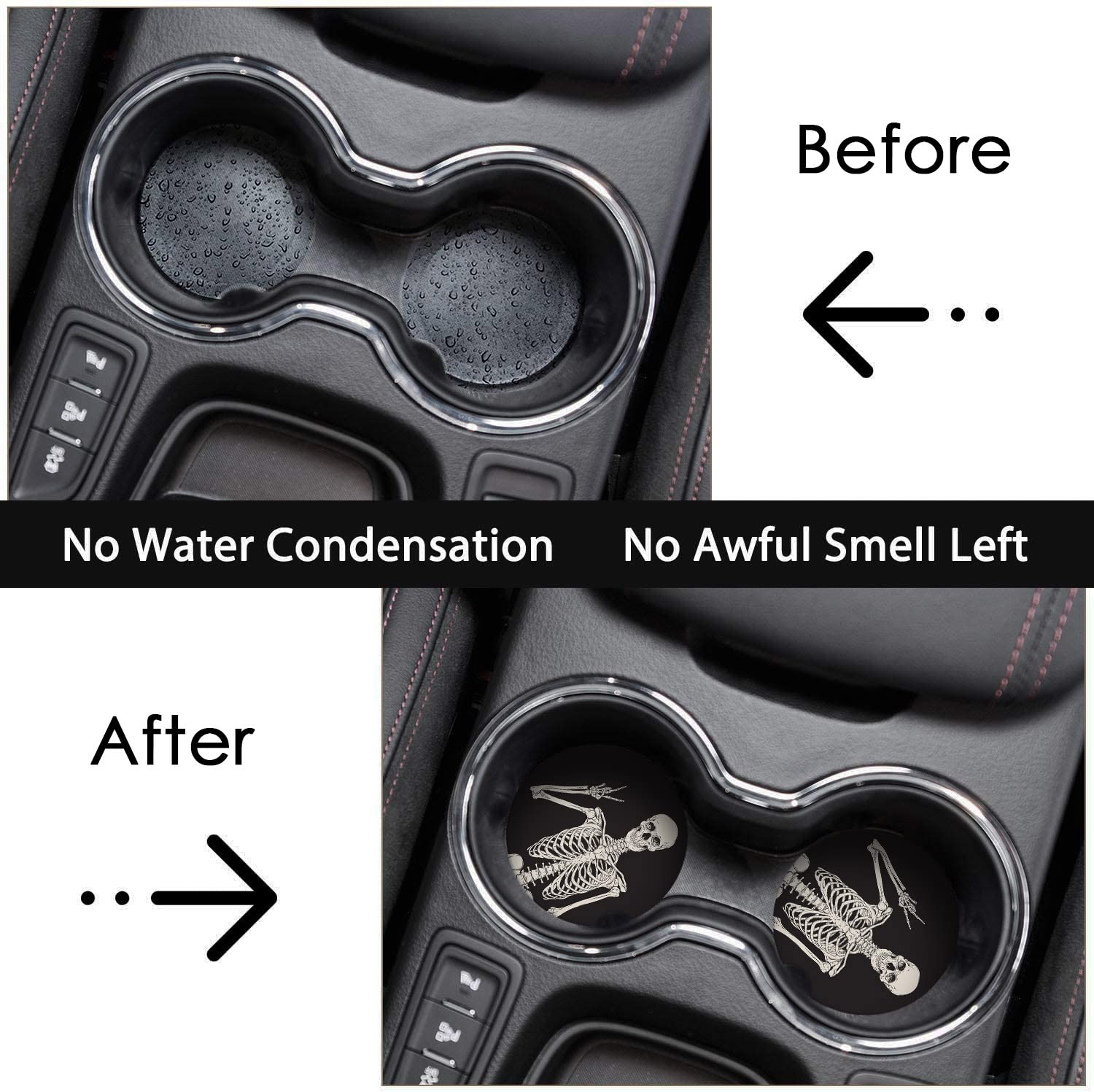 Britimes Absorbent Car Coasters 2 Pack For Cup Holders, 2.56'' Ceramic Stone & Non-Scratch Cork Base Drink Coasters Human Skelet